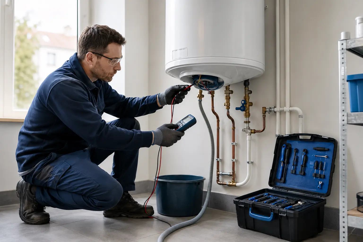 Technicien ABK contrôlant professionnellement un chauffe-eau électrique